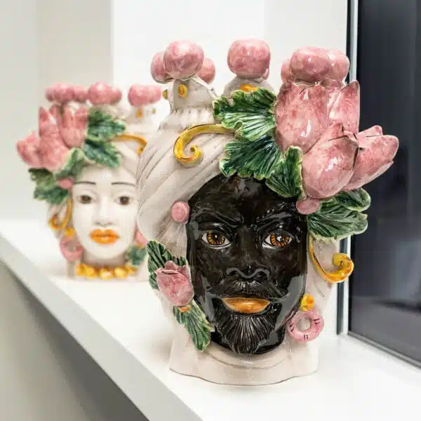 Testa di Moro h 30 cm Donna Tulipani Rosa in Ceramica