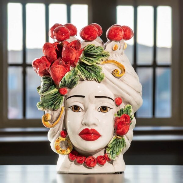 Testa di Moro h 30 cm Donna Tulipani Rossi in Ceramica