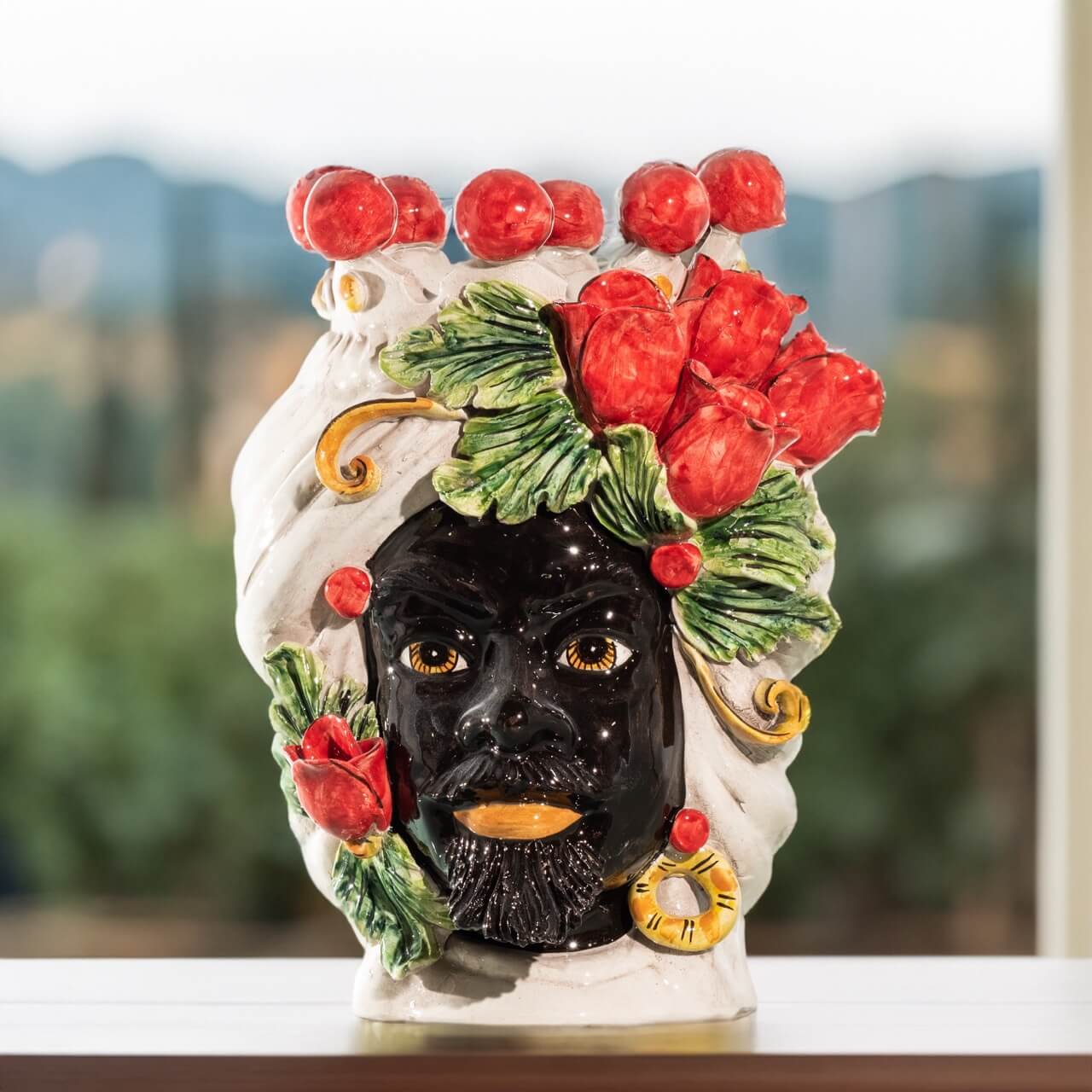 Testa di Moro h 30 cm uomo Tulipani Rossi in Ceramica