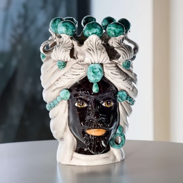 Coppia Di Teste Di Moro In Ceramica Di Caltagirone | Handmade, Altezza 18cm | Blu | Vaso O Soprammobile Decorativo - Foto 4