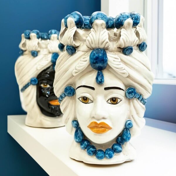 Testa di moro h 30 cm donna decoro blu in ceramica