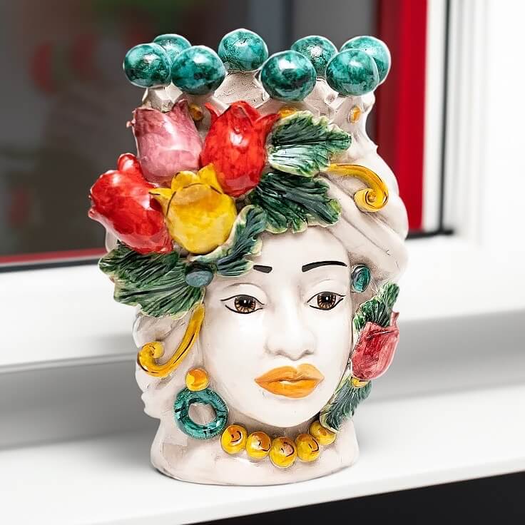 Testa di Moro h 30 cm Donna Tulipani Colorati in Ceramica